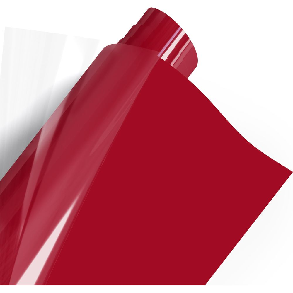 Rotes, glänzendes Material, das aufgerollt ist, mit einem Teil, das sich nach links krümmt.