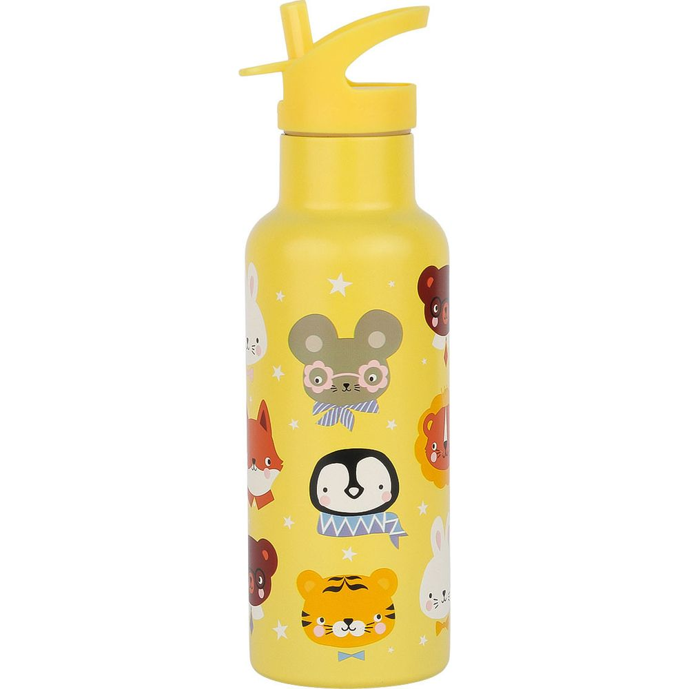 Eine gelbe Trinkflasche mit Tiermotiven und einem gelben Strohhalmverschluss.