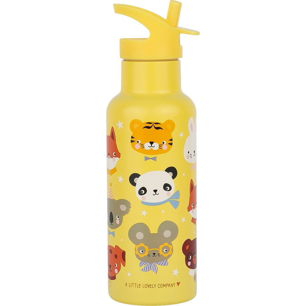 Gelbe Wasserflasche mit Tiermotiven und Strohhalm-Deckel.