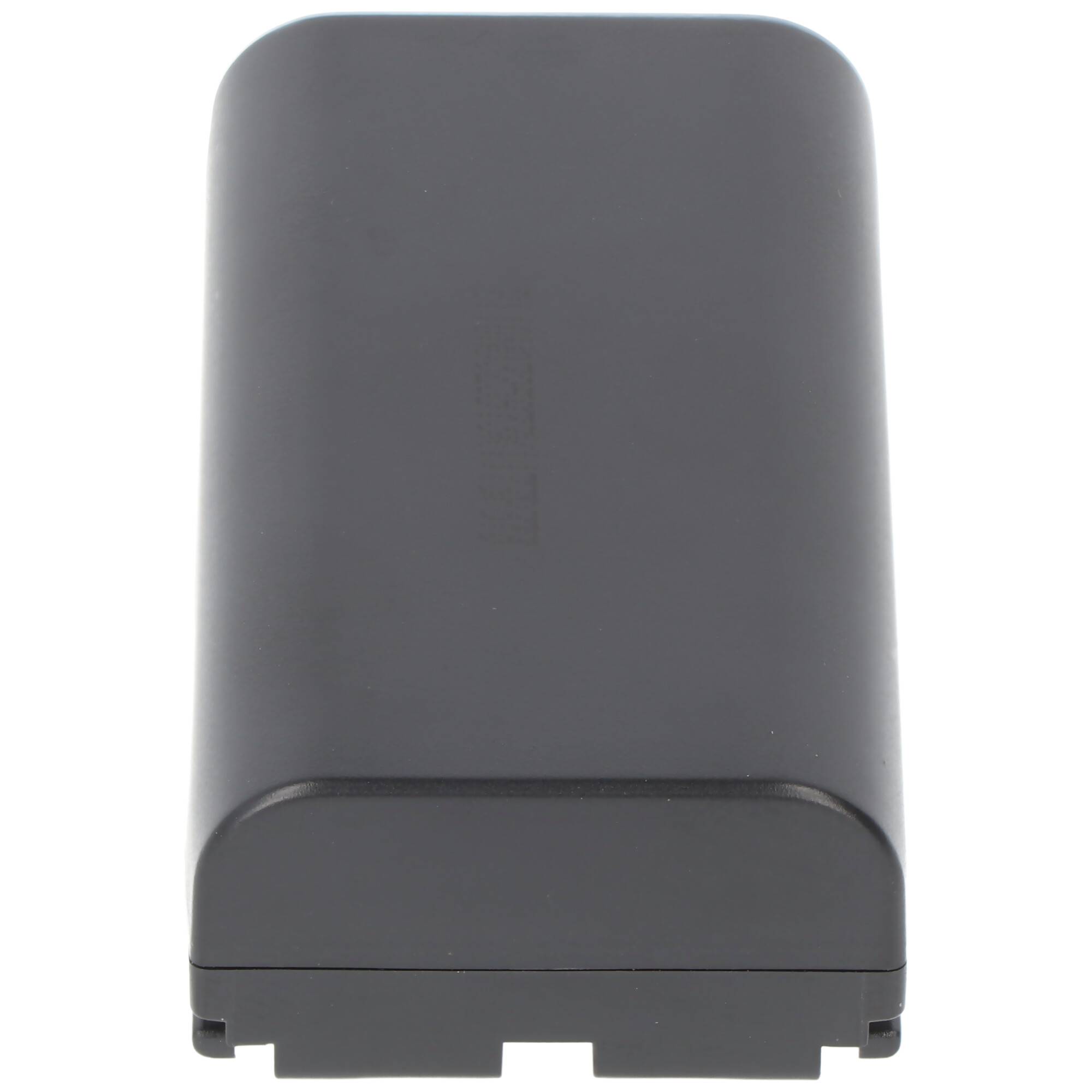 Eine schwarze rechteckige Batterie mit abgerundeten Kanten, auf weißem Hintergrund.