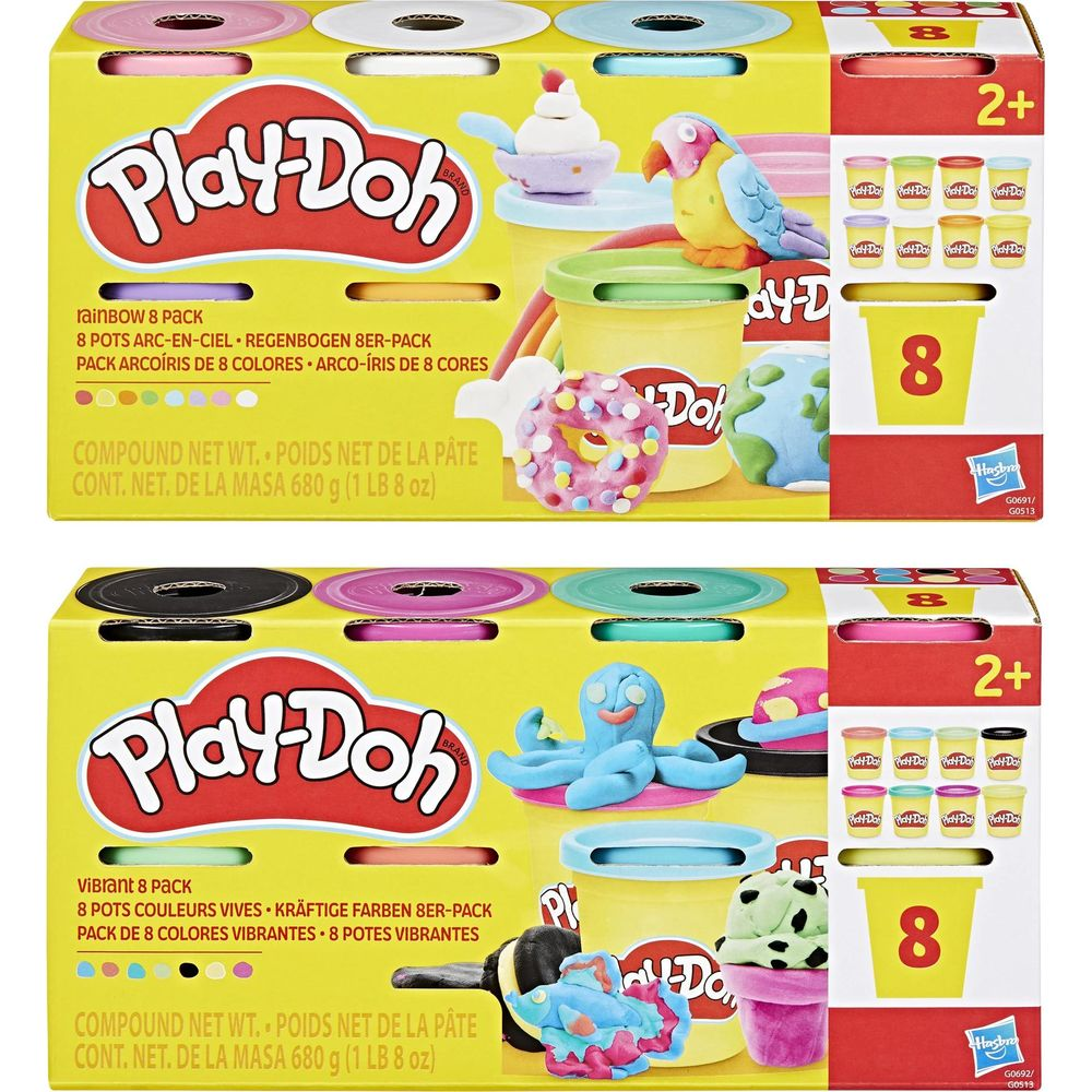 Zwei Play-Doh-Packungen mit 8 Dosen, mit Spielzeugkreationen wie einem Papagei und einem Oktopus.