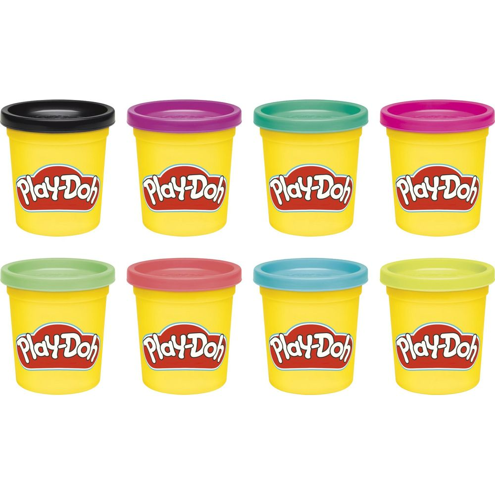 Acht gelbe Play-Doh-Behälter mit verschiedenfarbigen Deckeln: schwarz, lila, grün, pink, rot, blau, hellgrün.
