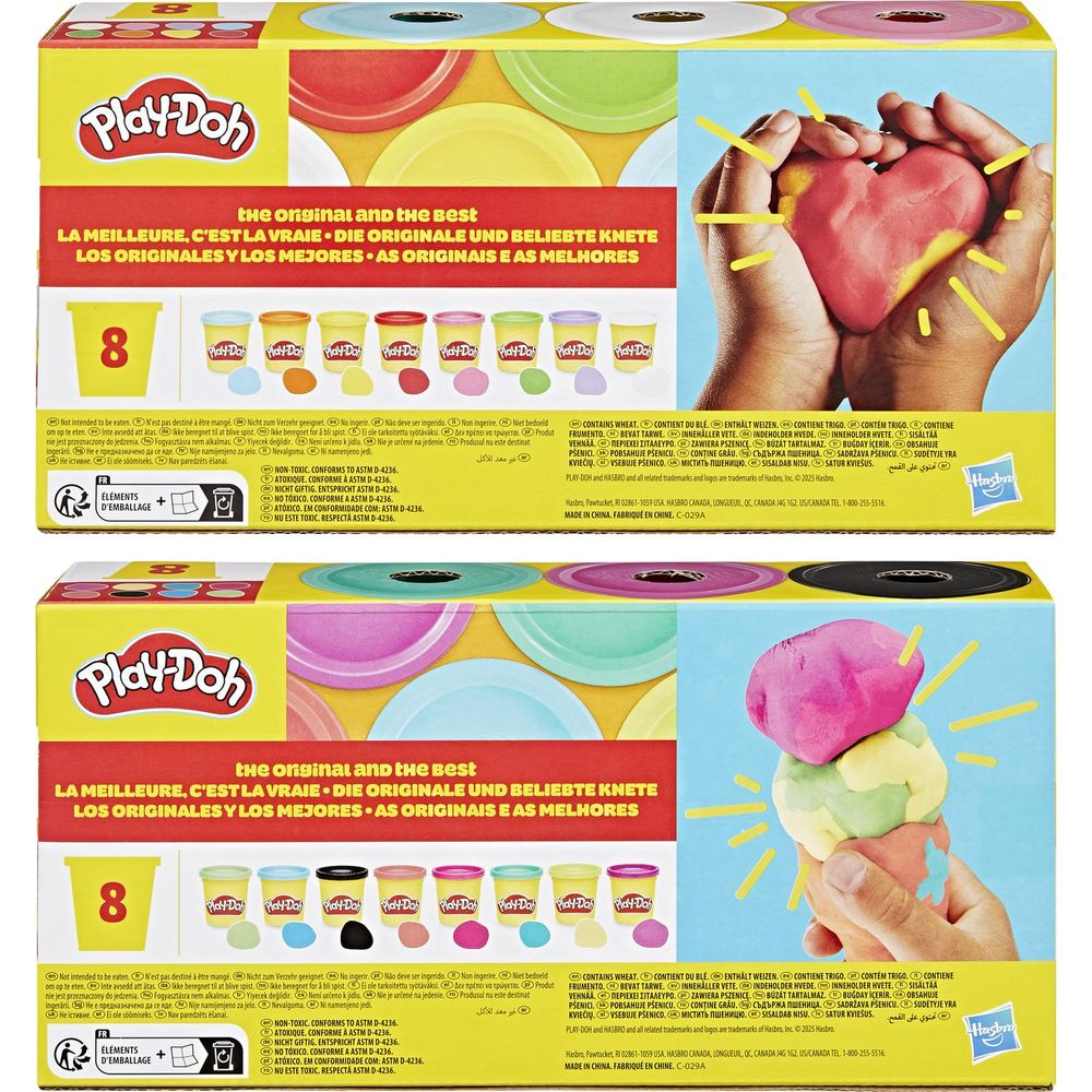 Play-Doh-Packungen mit Knete und Warnhinweisen auf gelbem Hintergrund.