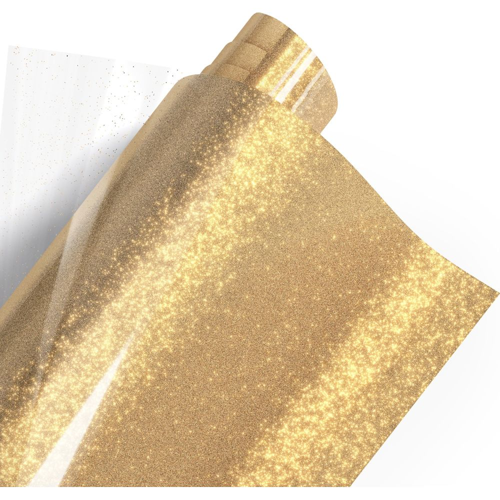 Goldglitzerndes Material, aufgerollt. Ein Teil ist transparent, das andere goldfarben.