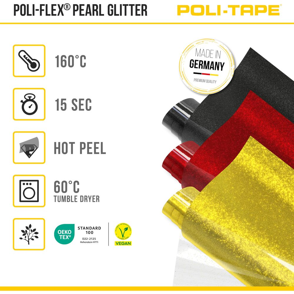 Poli-Flex Perlglitzer mit Anweisungen: 160°C, 15 Sek., Heißabzug. Made in Germany.