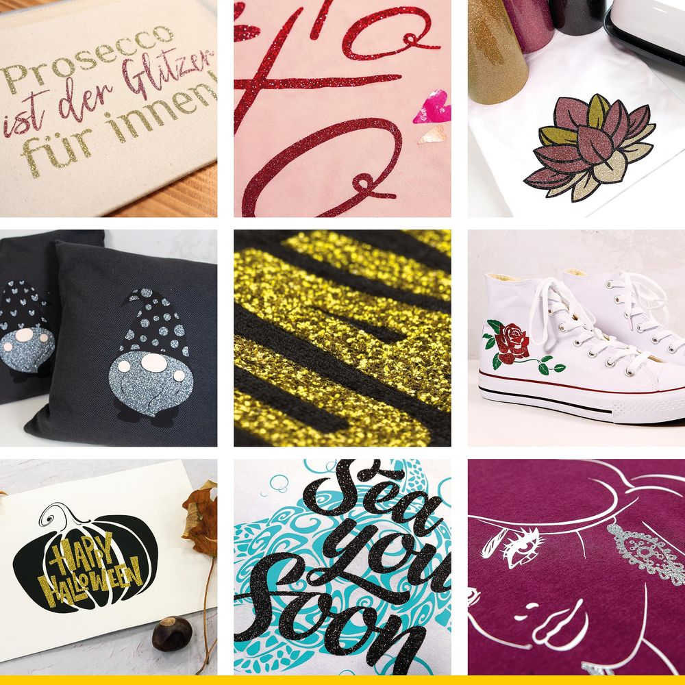 Collage mit Glitzer-Designs: Prosecco-Tasche, Text, Blume, Kissen, goldener Glitzer, Schuhe, Kürbis, Text, Frau.