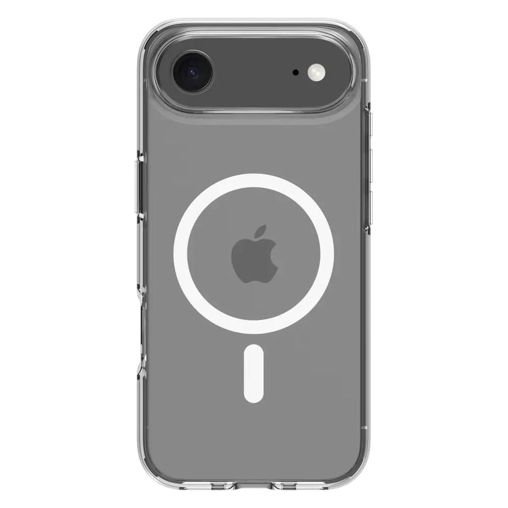 Transparente Hülle für iPhone mit weißem MagSafe-Kreis und Apfel-Logo.