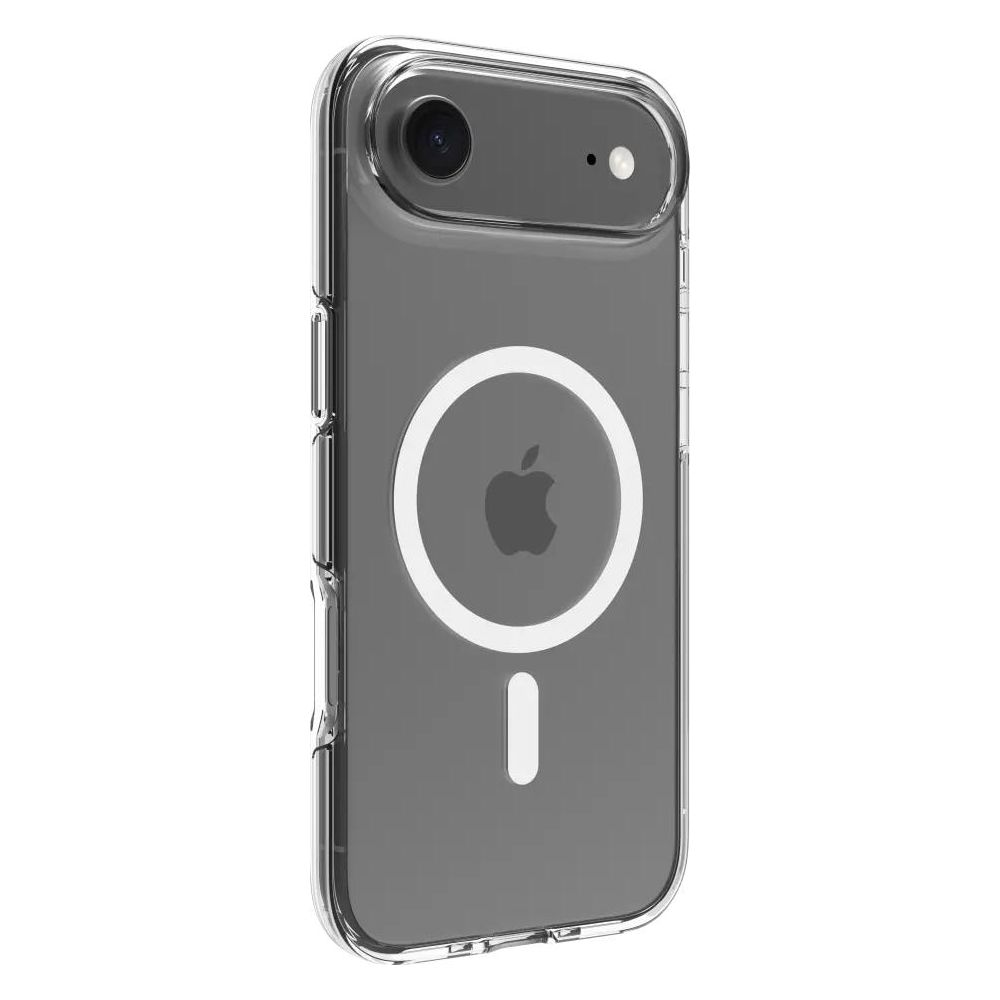 Transparente Hülle mit kreisförmigem Apple-Logo und Ladeanzeige auf grauem Hintergrund.