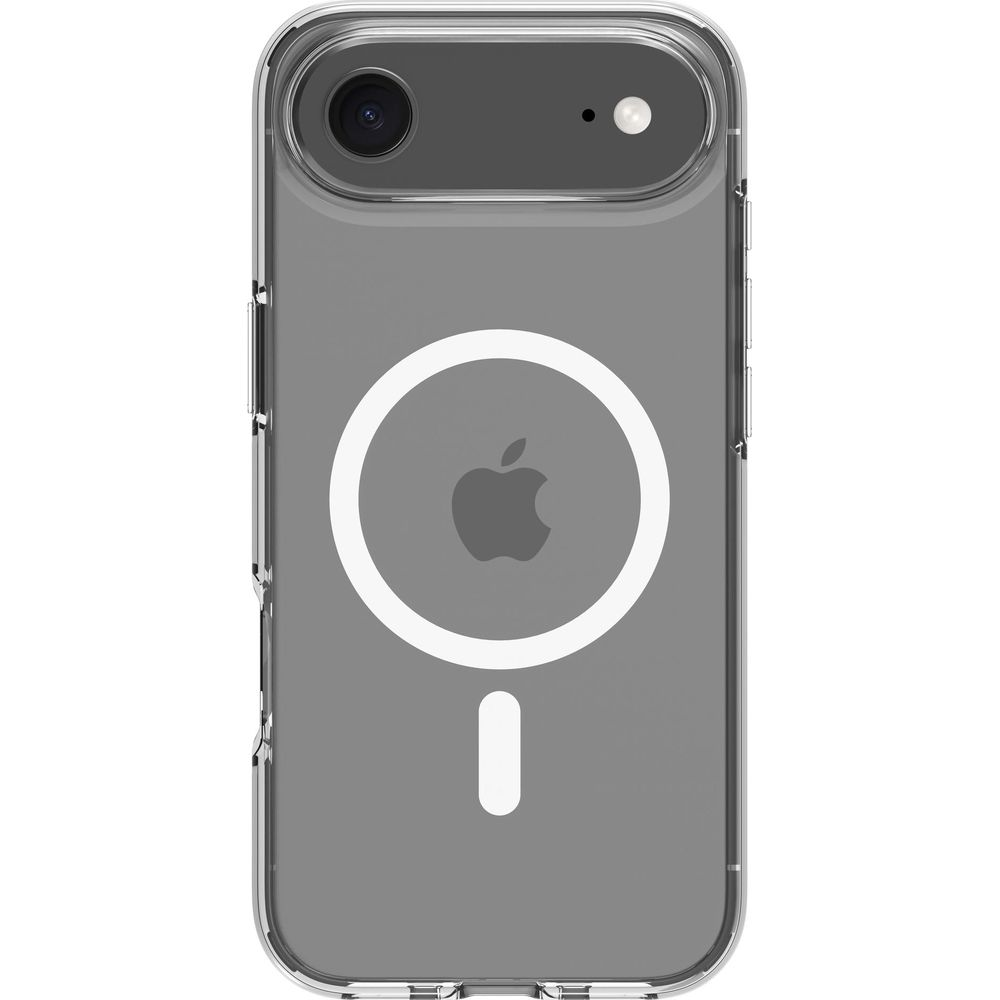 Transparente Hülle mit Apple-Logo und MagSafe-Kreis auf einem iPhone.