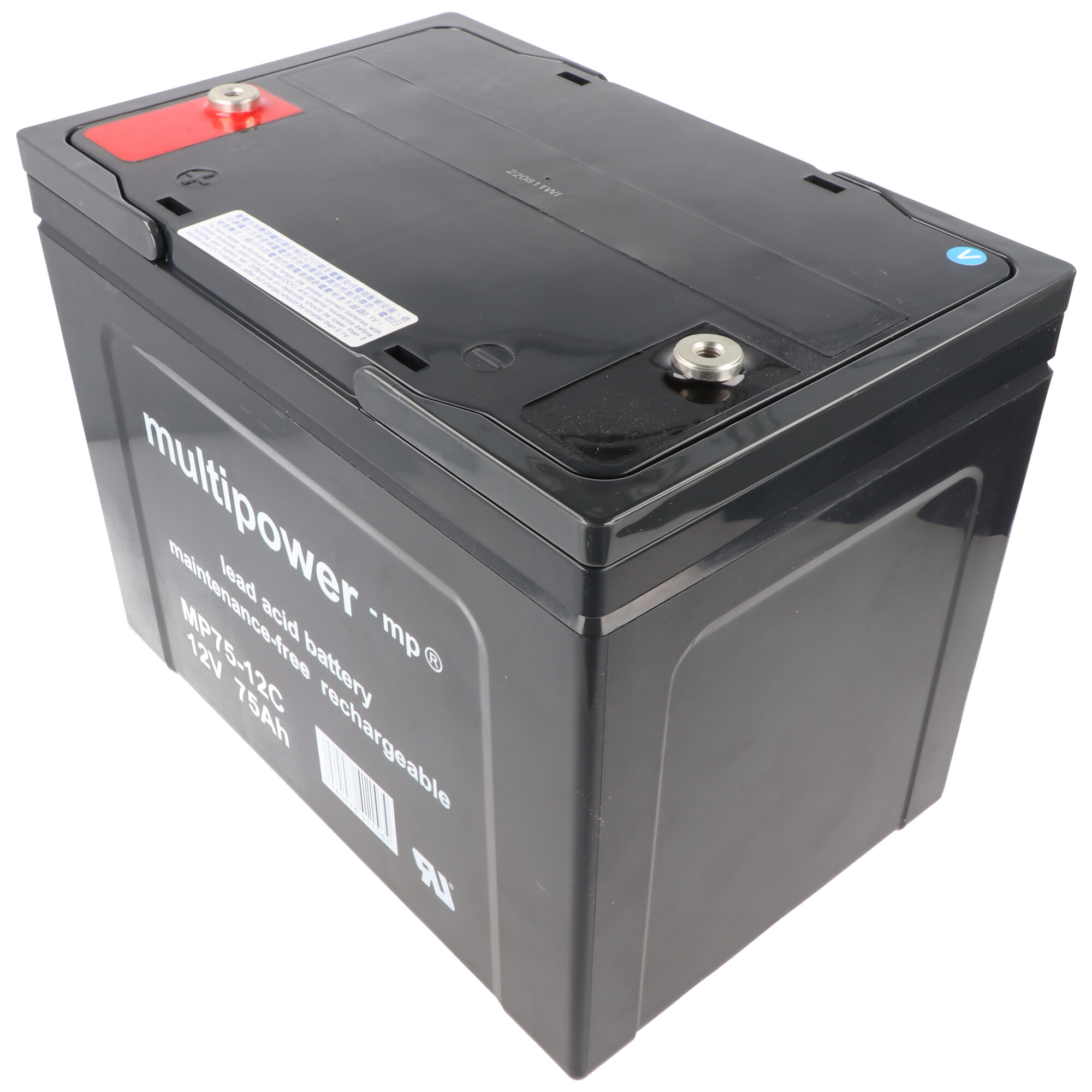 Schwarze 12V 75Ah Multipower Blei-Säure-Batterie mit silbernen Anschlüssen.