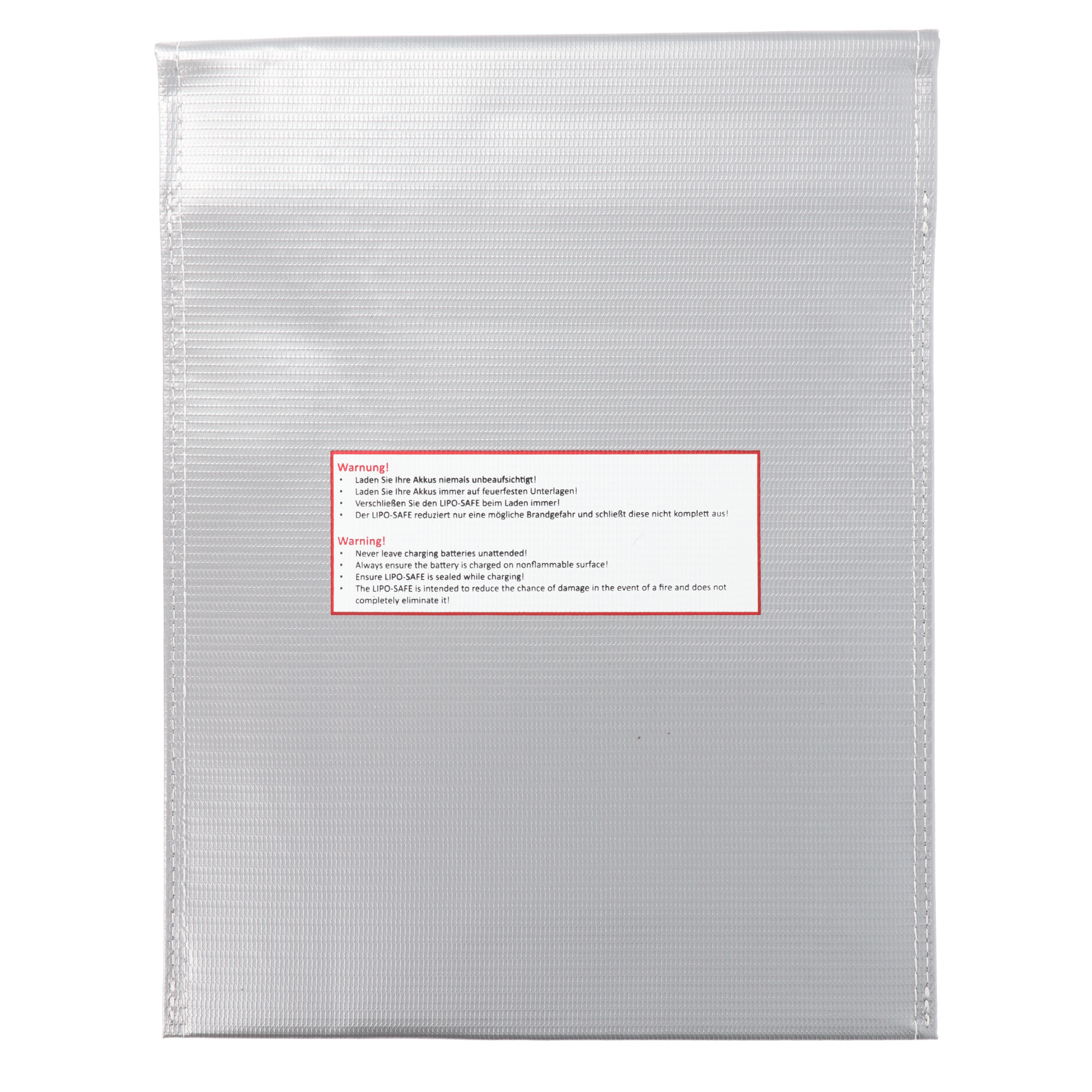 Silberne Lipo-Safe Tasche mit Warnhinweisen in Deutsch und Englisch.