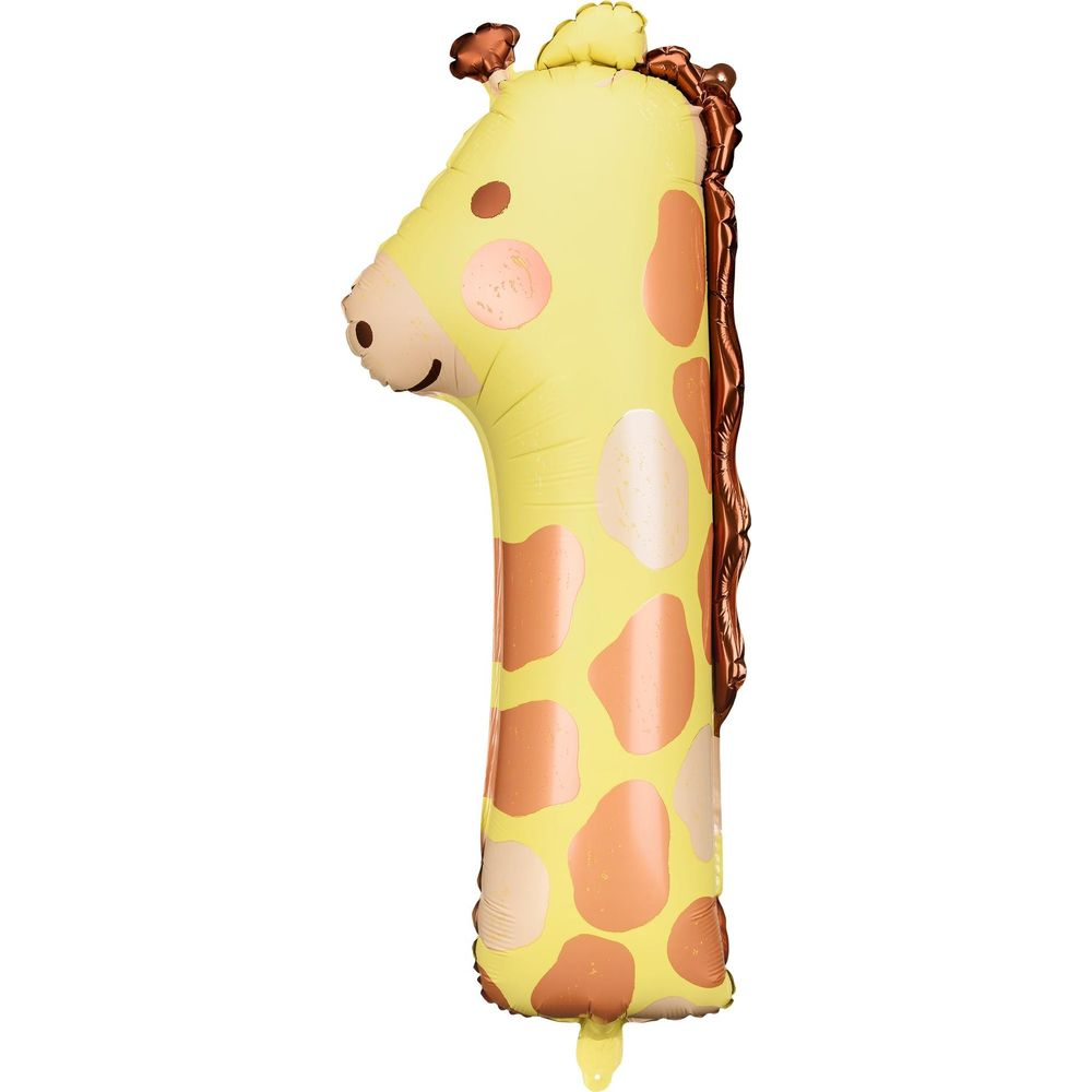 Ein gelber Giraffenballon in Form der Zahl 1 mit braunen Flecken.