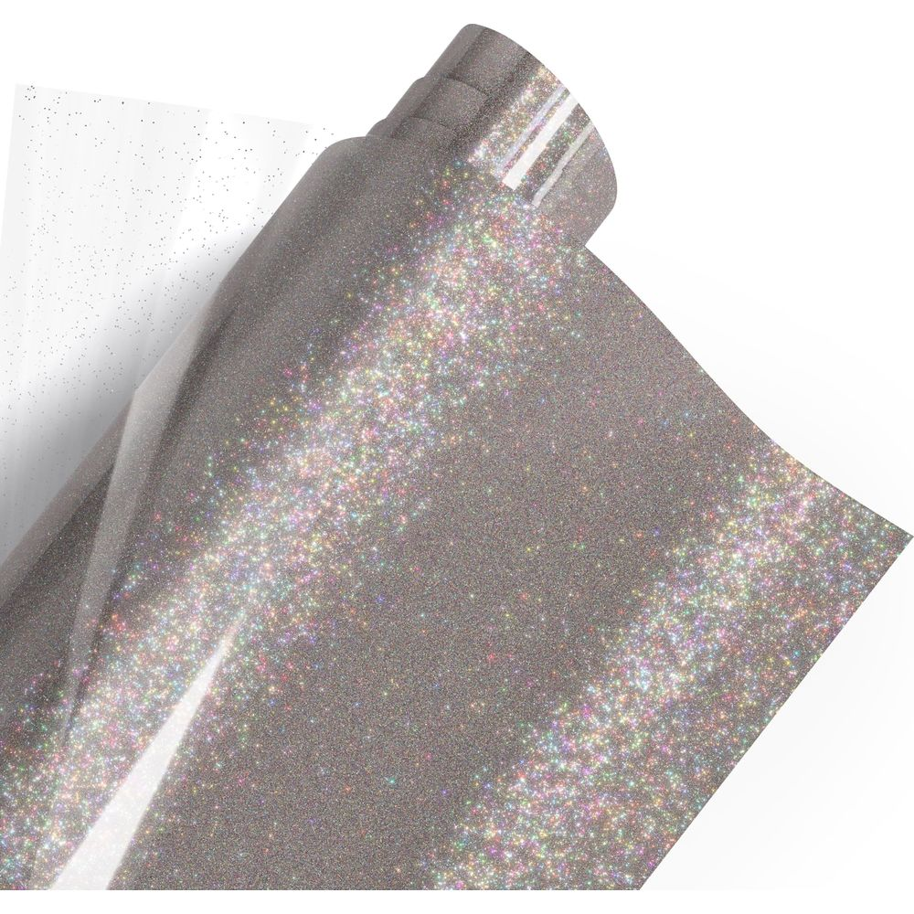 Silbernes Glitzer-Vinyl aufgerollt, mit transparentem Trägerpapier.