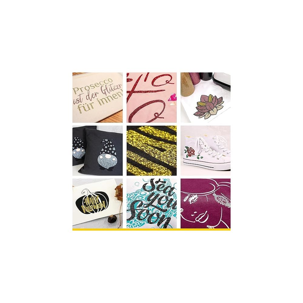 Collage aus 9 Bildern mit Glitzer-Designs: Prosecco, Q, Blume, Gnome, Goldstreifen, Sneaker, Kürbis, Meer, Herz.