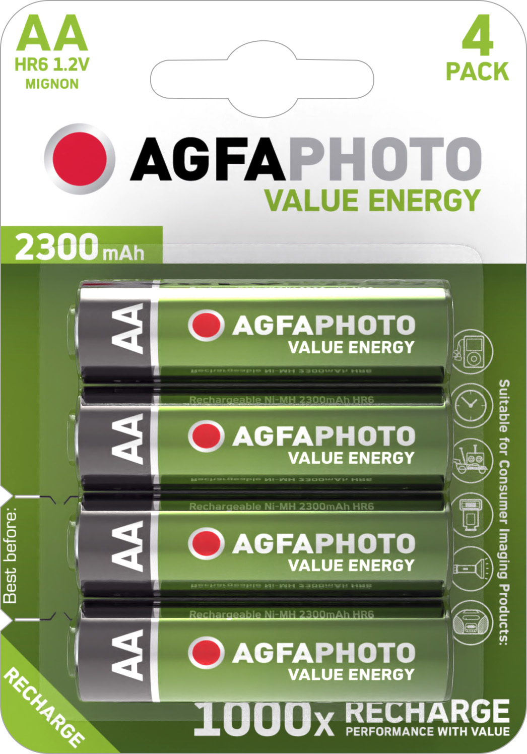 AGFAPHOTO AA Batterien, 4er Pack, 2300mAh, wiederaufladbar, für Kameras.