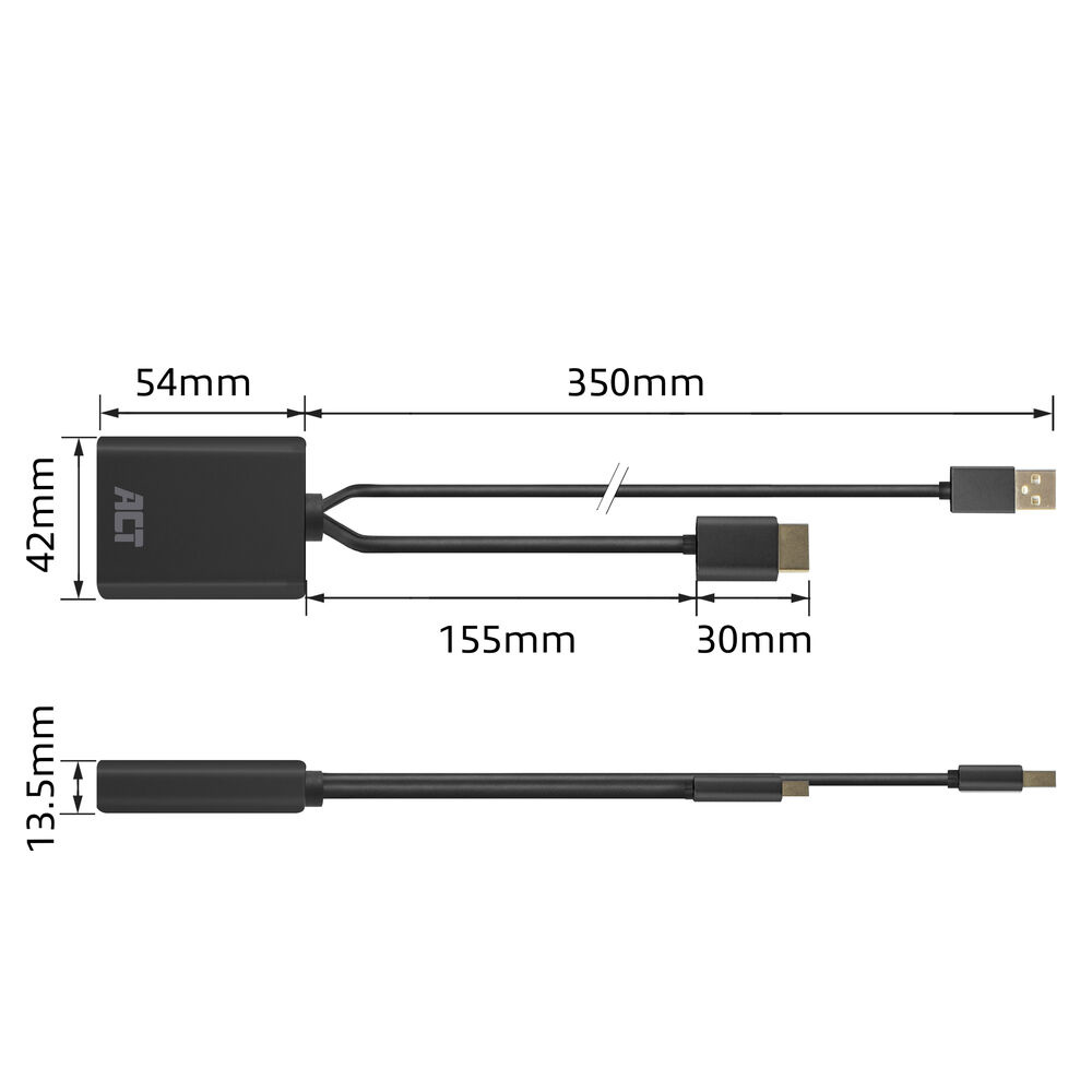 Zwei schwarze Kabel mit HDMI- und USB-C-Anschlüssen, mit Maßen.