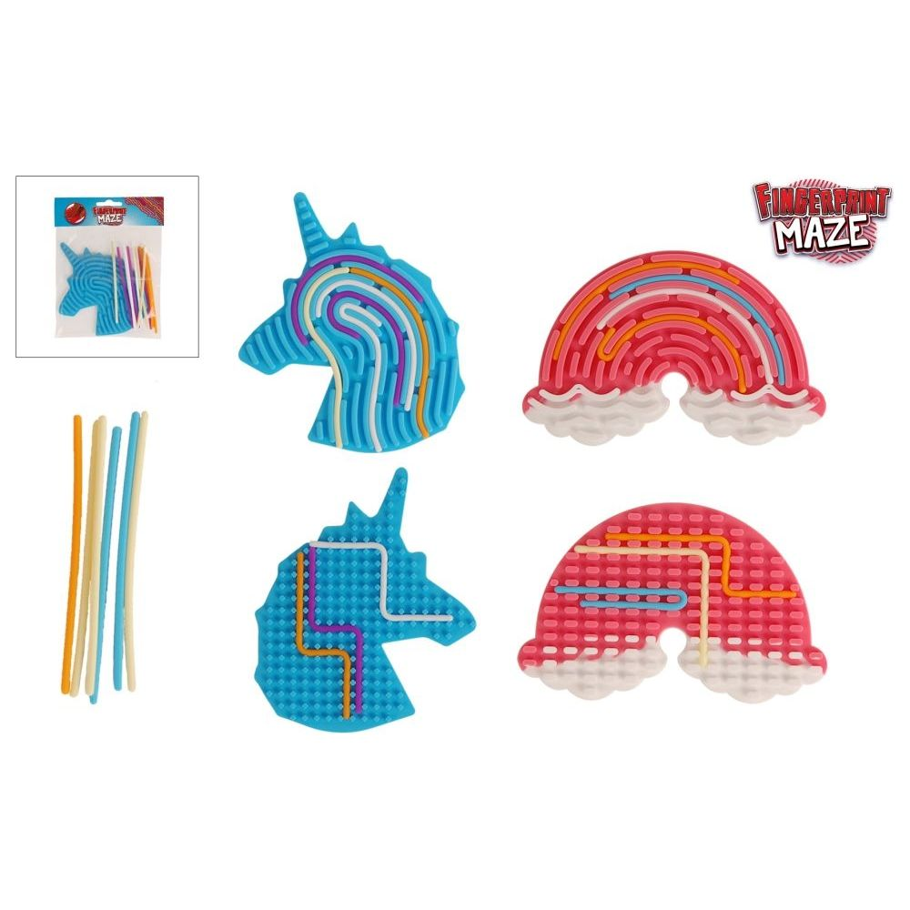 Juguetes de laberinto de dedos en forma de unicornio y arcoíris con palitos.