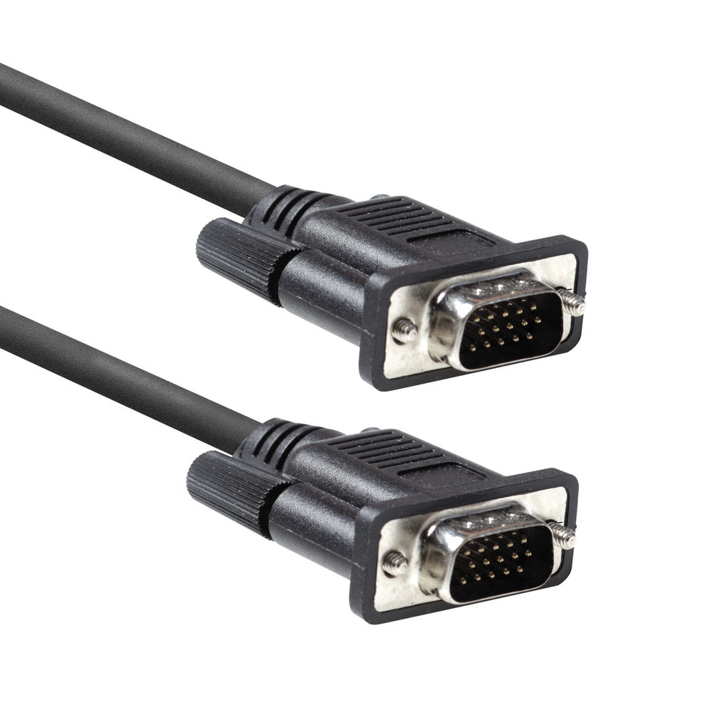 Zwei schwarze VGA-Kabel mit 15 Pins, Steckeransicht, auf weißem Hintergrund.