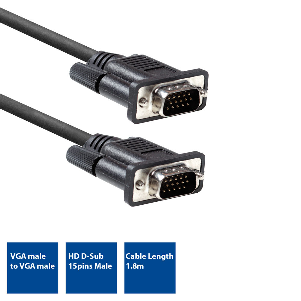 Schwarzes VGA-Kabel mit zwei HD-D-Sub 15-Pin-Steckern, 1,8 m lang.