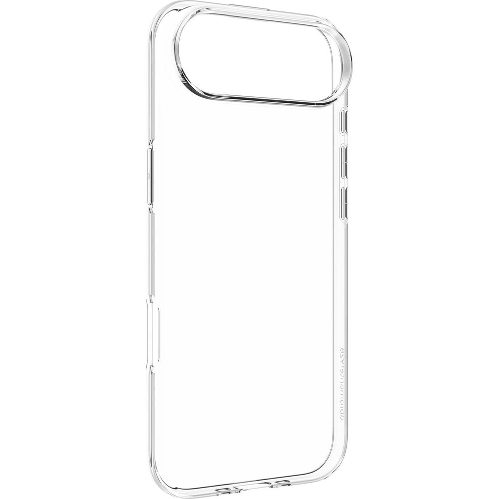 Transparente Handyhülle mit Aussparungen für Kamera und Knöpfe.