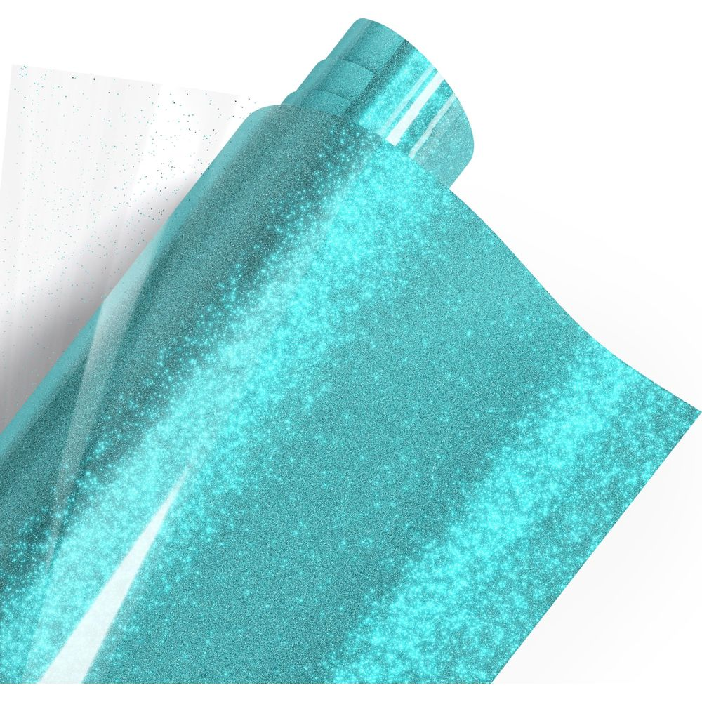 Türkis glitzerndes Material auf einer Rolle, mit transparentem Trägerpapier.