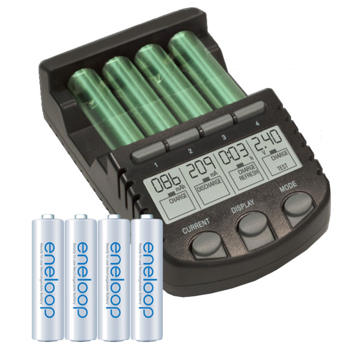 Ein Ladegerät mit vier eingelegten grünen Batterien und vier daneben.