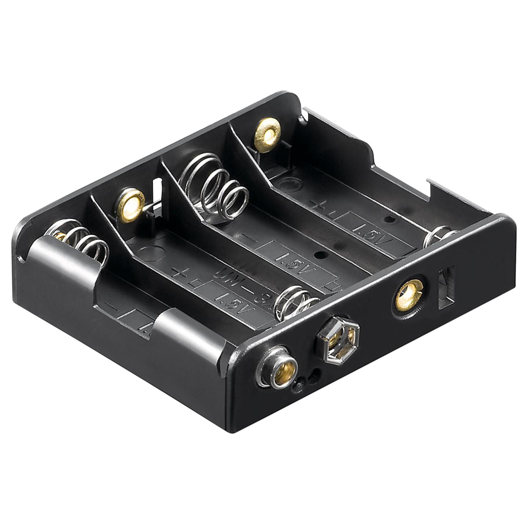 Schwarzer Batteriehalter für vier AA-Batterien mit Federn und Anschlüssen.