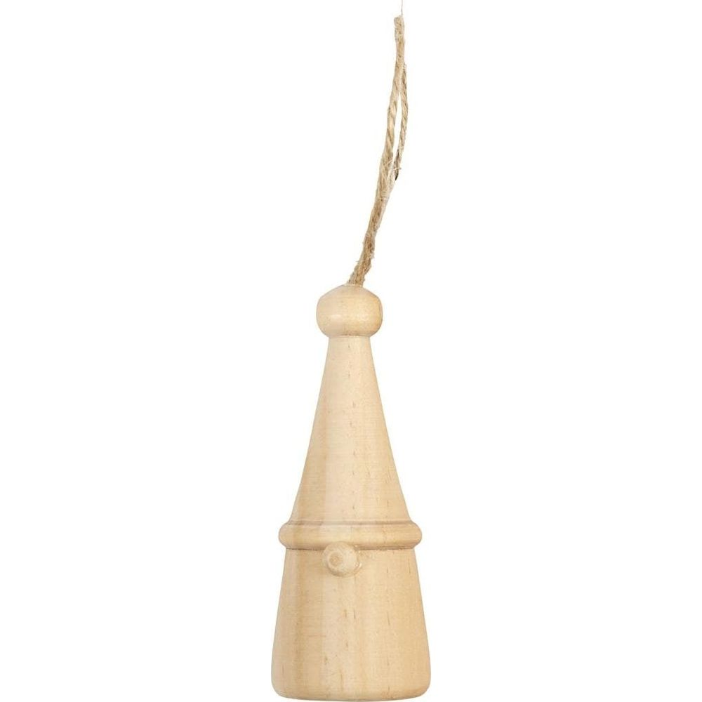 Ein hölzerner Anhänger in Form einer Glocke mit einer Schnur.