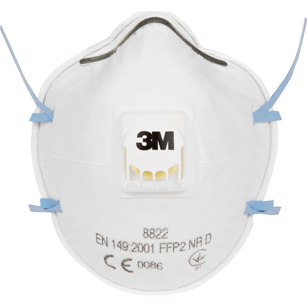 Weiße 3M FFP2-Maske mit blauen Riemen und weißem Ventil. Text: EN 149:2001.