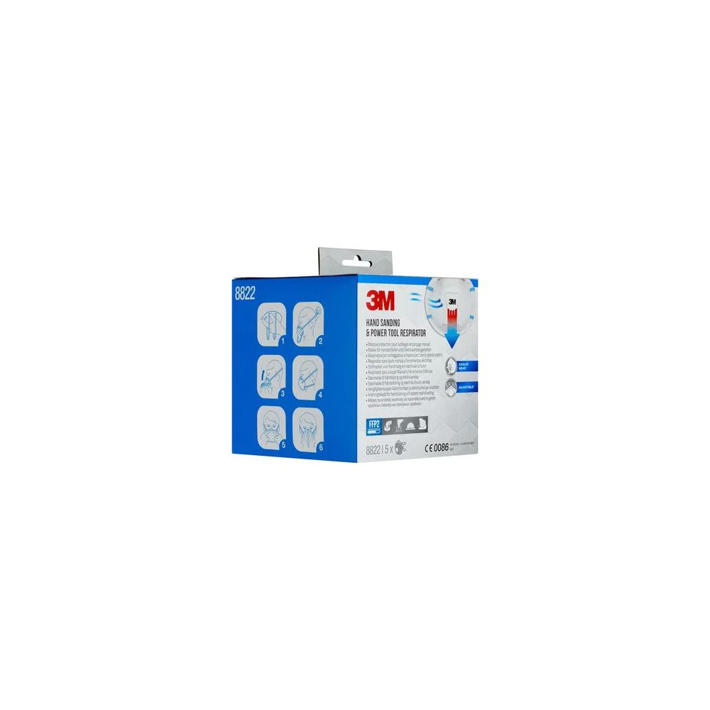 3M 8822 Hand- und Elektrowerkzeug-Atemschutzgerät Verpackung mit Anleitungsbildern.