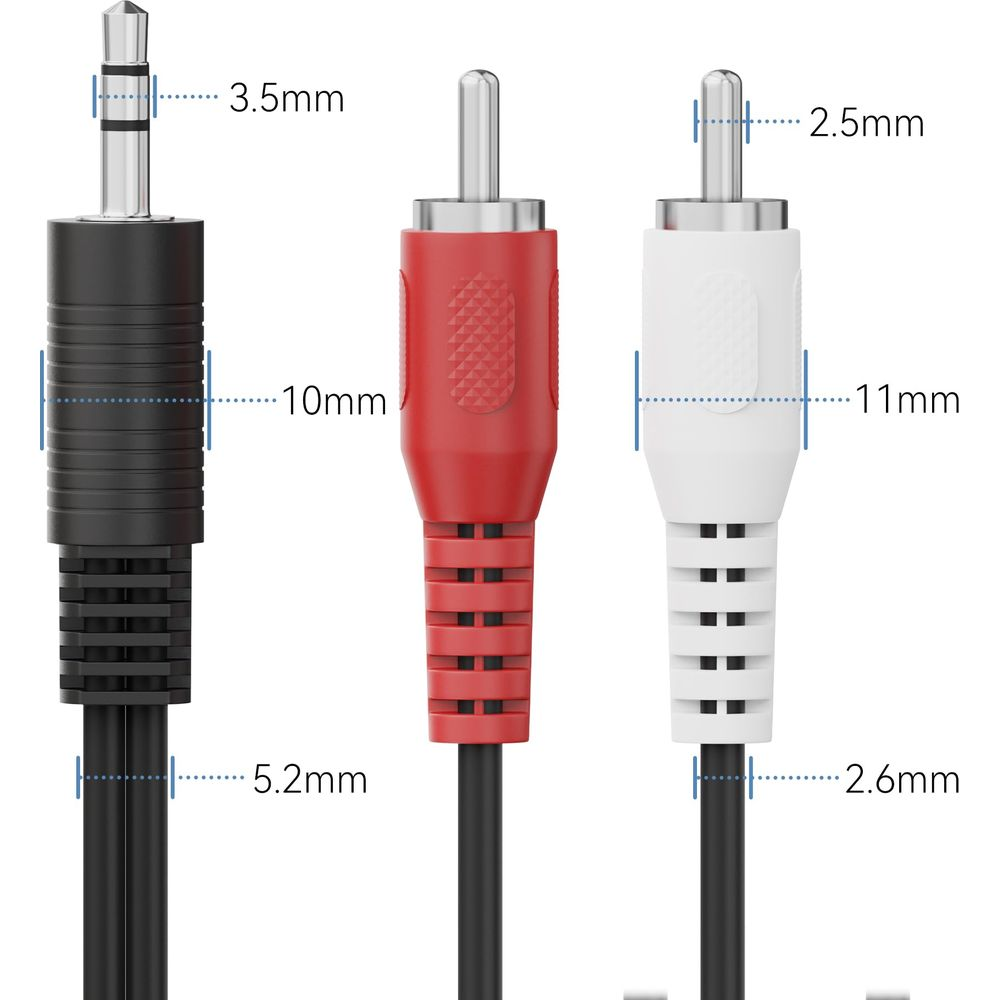 Drei Audiokabelstecker: 3,5mm Klinke, Rot und Weiß RCA.