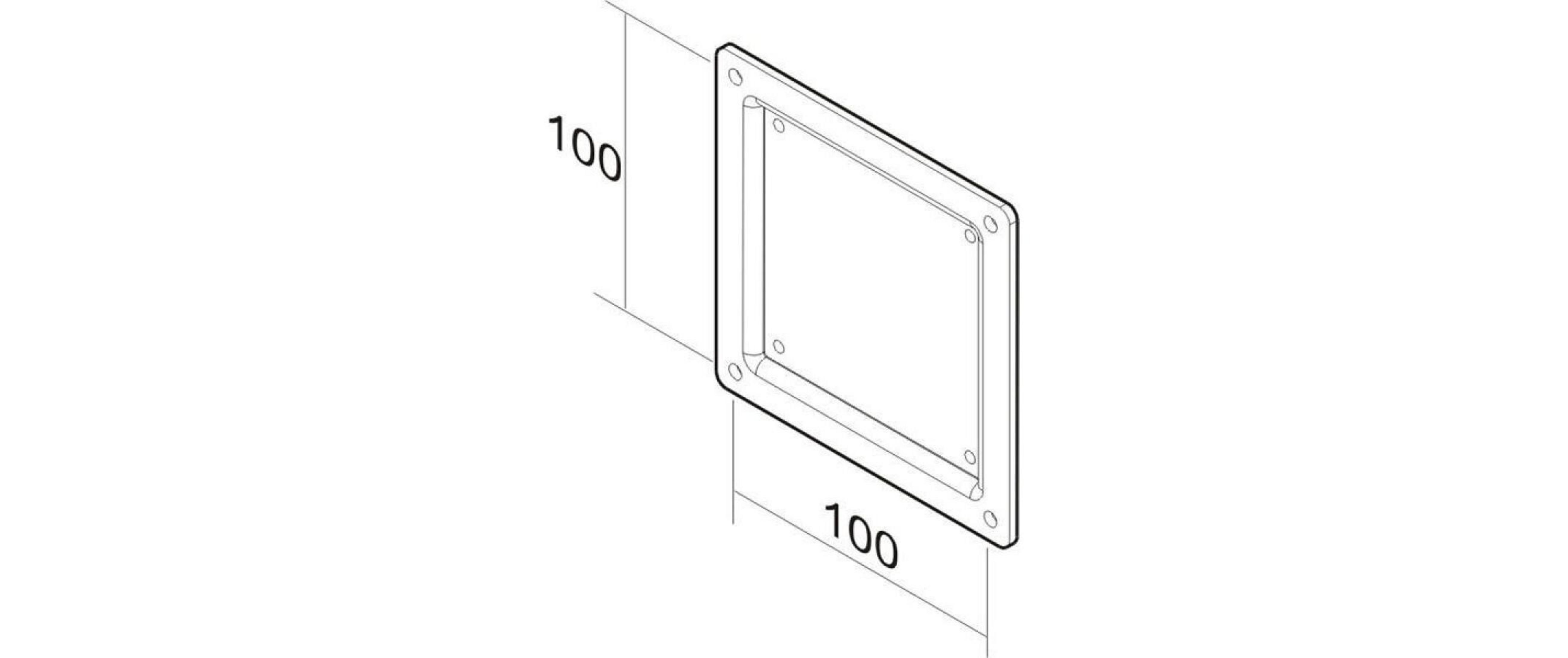 Eine 100 mm x 100 mm quadratische Montageplatte mit Befestigungslöchern.