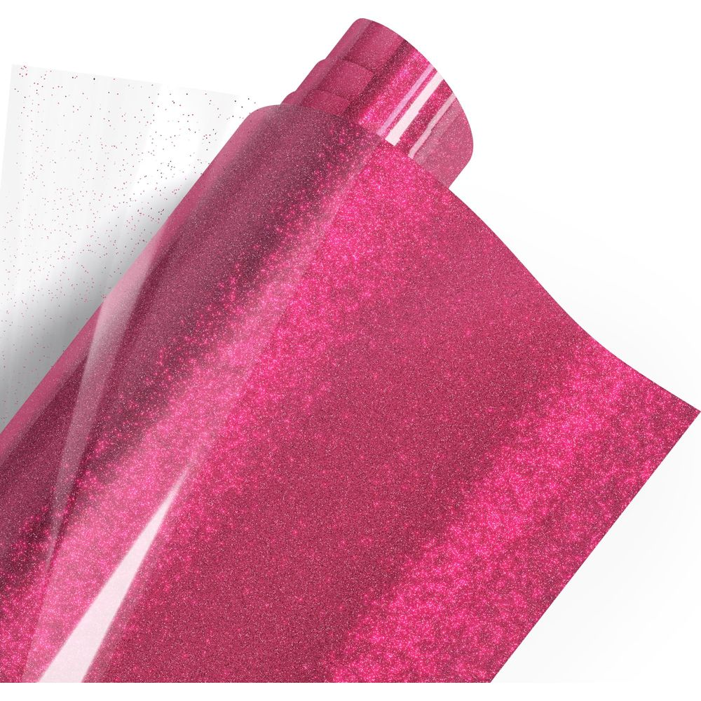 Rolle aus glitzerndem, pinkem Vinyl mit transparenter Trägerfolie.