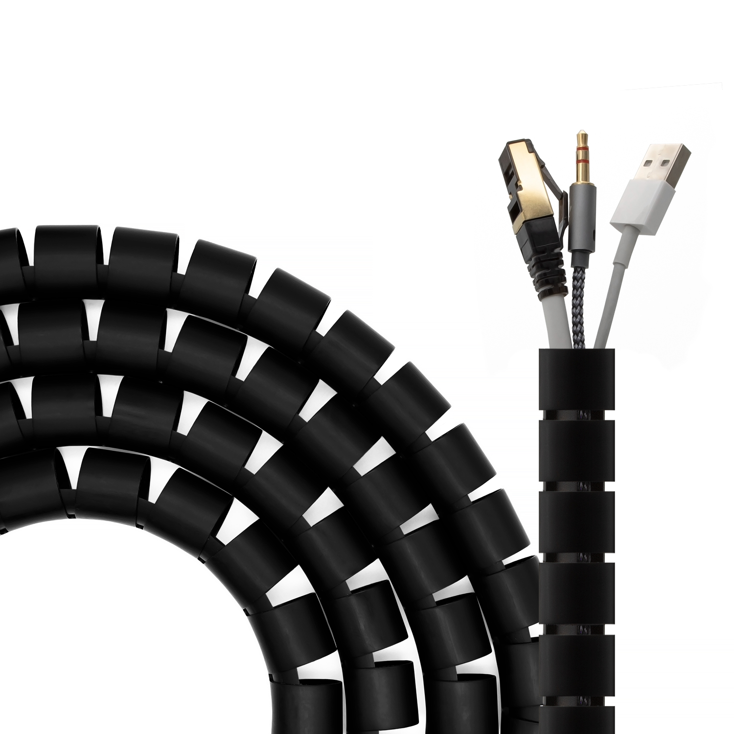Schwarzer Spiral-Kabelorganizer mit USB-, Audio- und Ethernet-Anschlüssen.