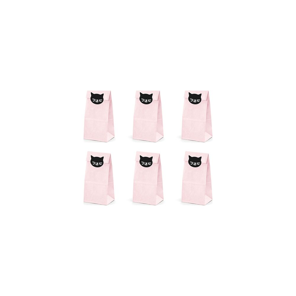 Sechs rosa Papiertüten mit schwarzen Katzenkopfabdrücken auf weißem Hintergrund.