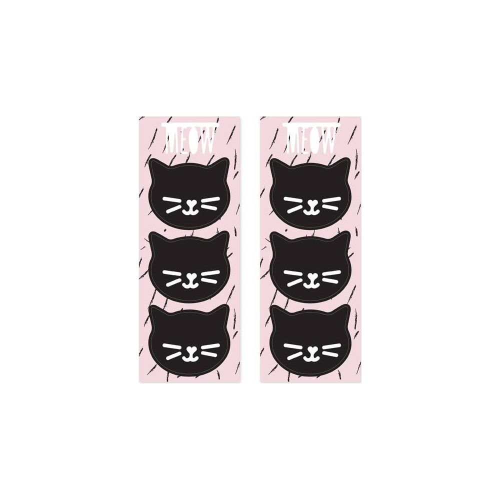 Sechs schwarze Katzen Gesichter auf rosa Hintergrund mit 'MEOW' Schriftzug.