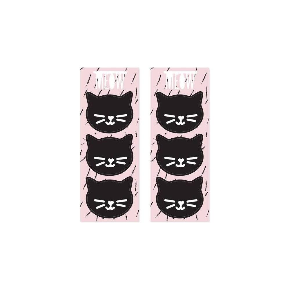 Sechs schwarze Katzenköpfe auf rosa Hintergründen mit "MEOW".