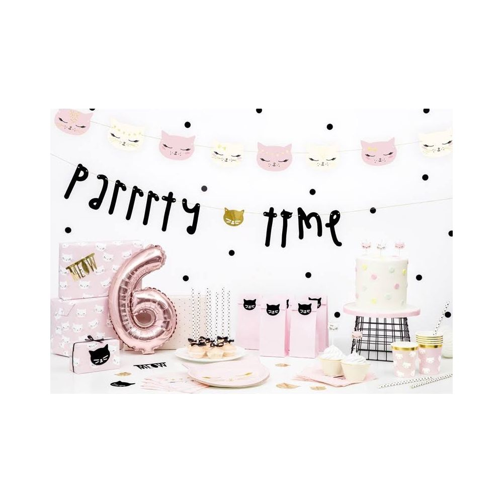 Katzen-Mottoparty-Deko: Banner, 6-Ballon, Kuchen, Cupcakes, Geschenktüten.