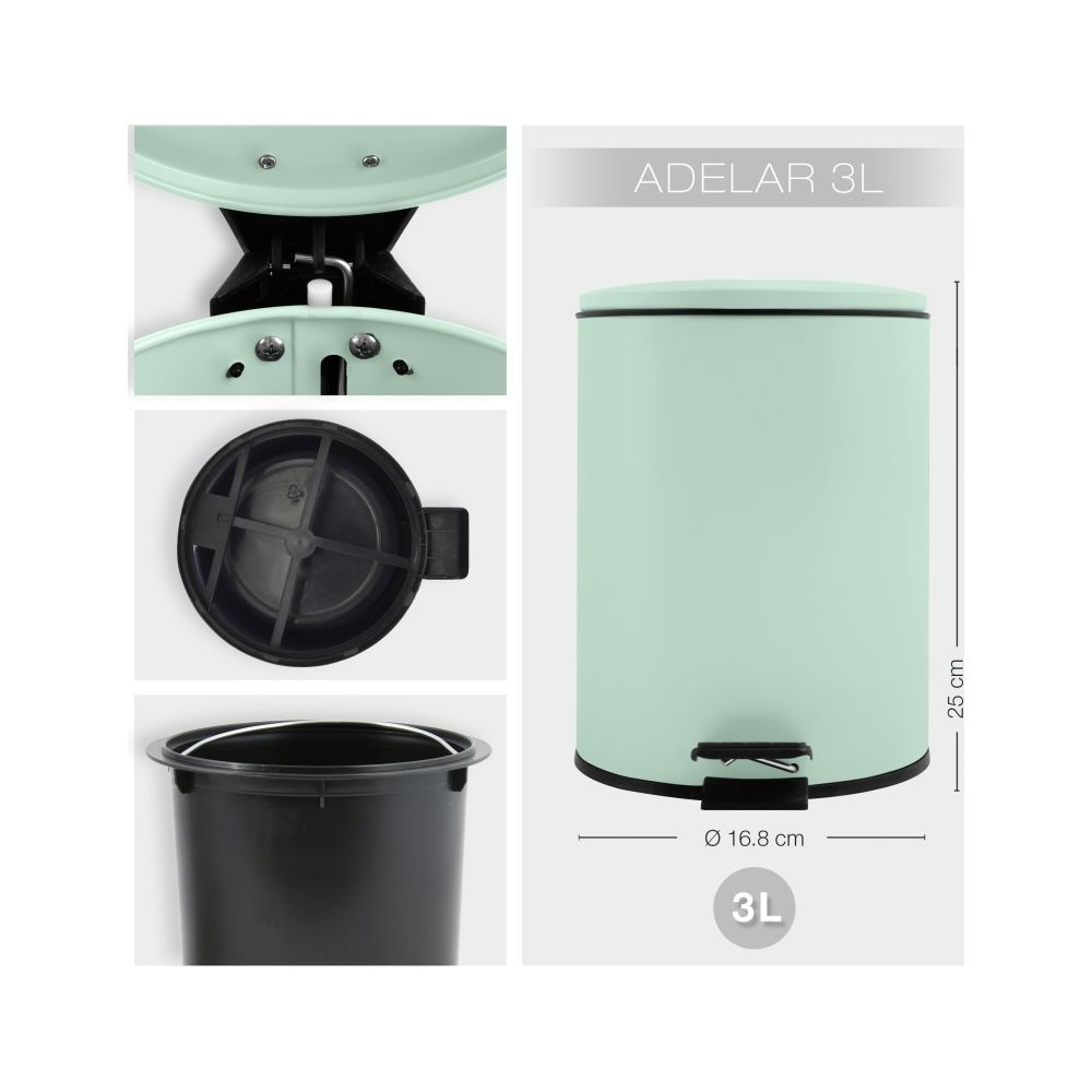 Grüner Pedal-Mülleimer, 25 cm hoch, 16,8 cm breit, 3L Fassungsvermögen.