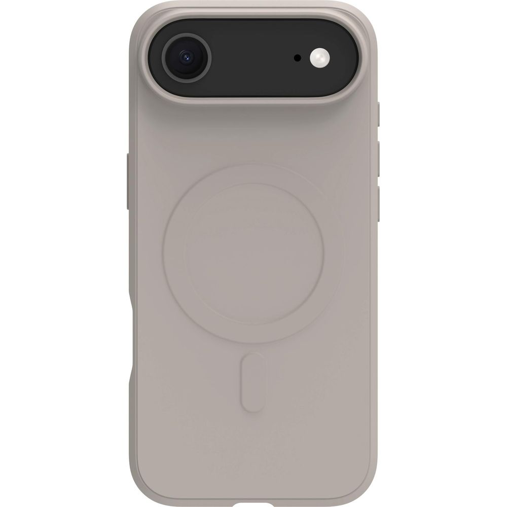 Eine beige iPhone-Hülle mit Kameraaussparung und magnetischem Ring.