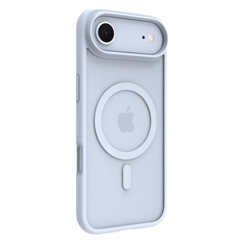 Ein hellblaues Handy mit einer Kamera und einem Apfel-Logo im Kreis.