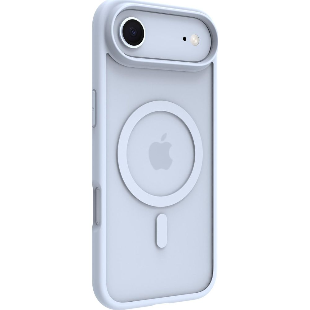Helles iPhone-Hülle mit runder Magnetplatte und Apple-Logo.