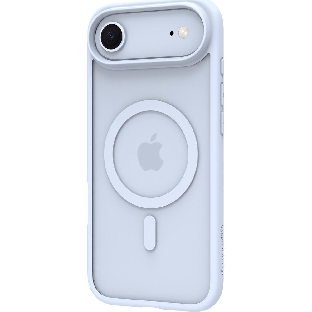 Ein hellblaues iPhone-Case mit einem Apple-Logo und einem kreisförmigen Magnetring.