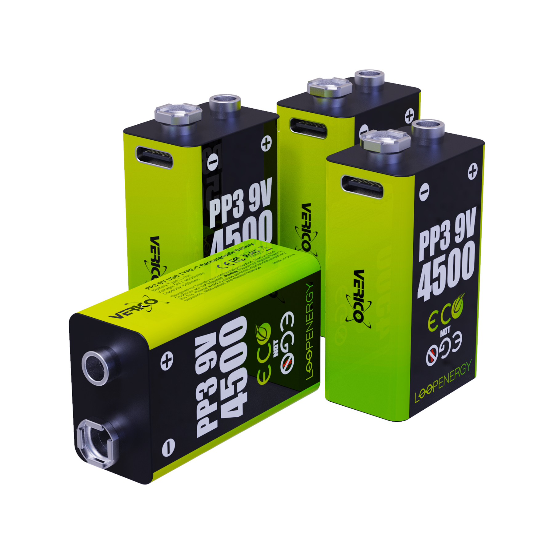 Quattro batterie verdi da 9V con testo nero, una giace davanti.