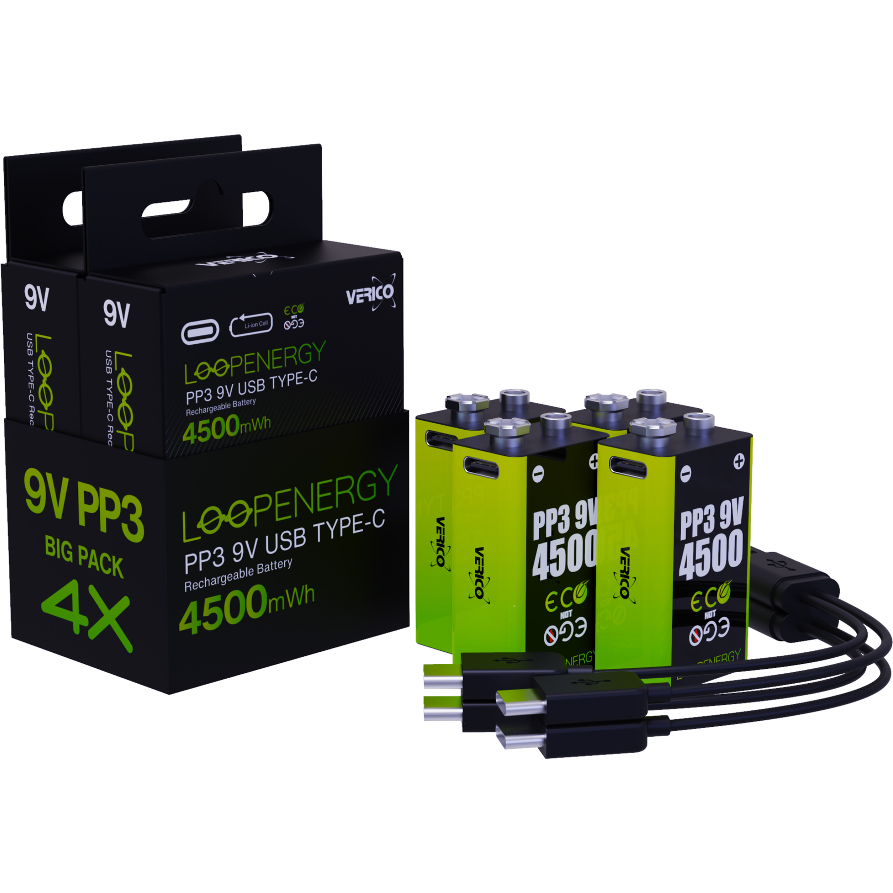 Quattro batterie verdi da 9V con porte USB-C e cavi di ricarica, accanto a confezioni nere.