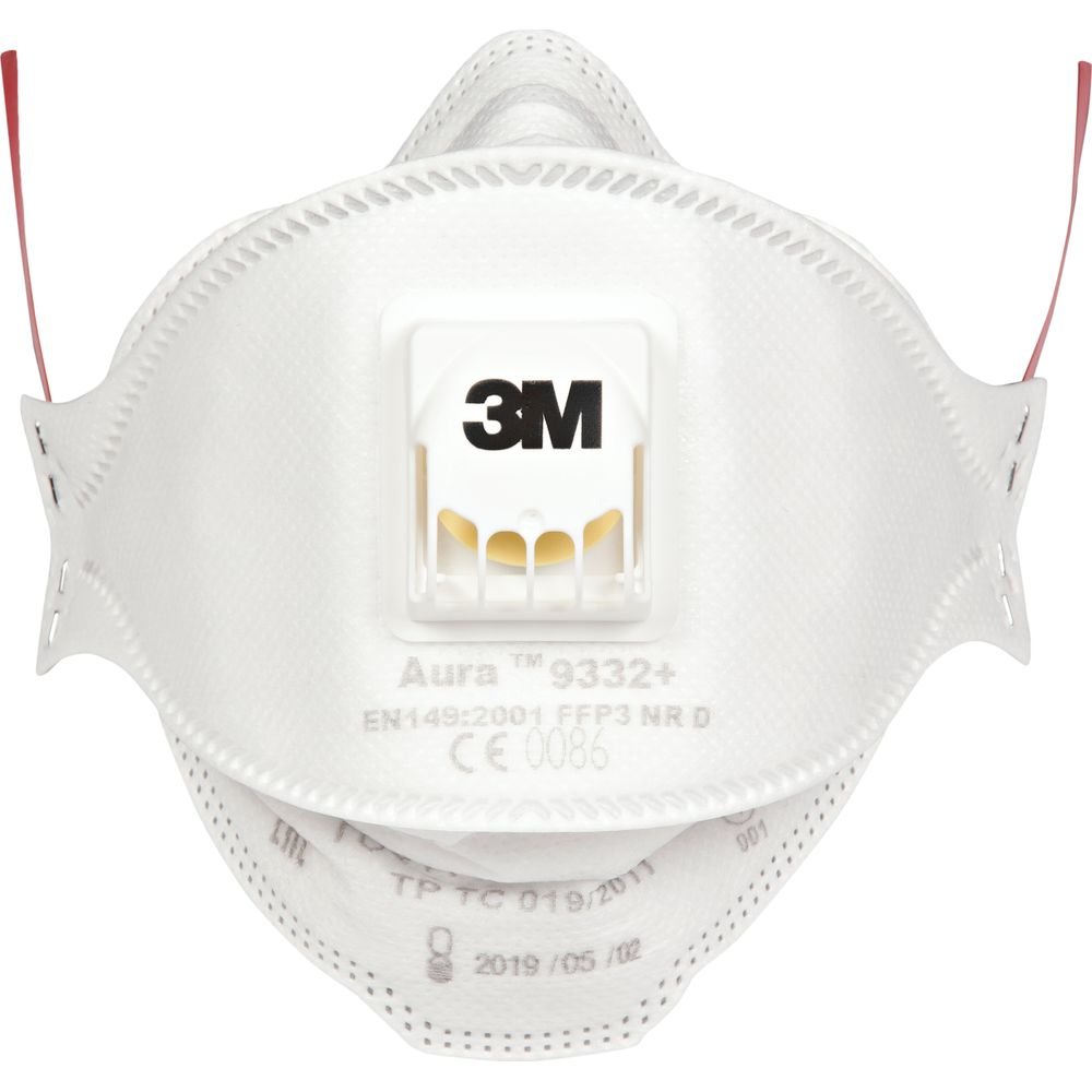 Weiße 3M Aura 9332+ FFP3-Maske mit rotem Band und Ventil.