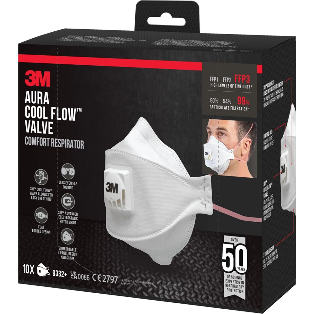 3M Aura Atemschutzmaske mit Cool Flow Ventil, FFP3, 10 Stück. Kartonverpackung.