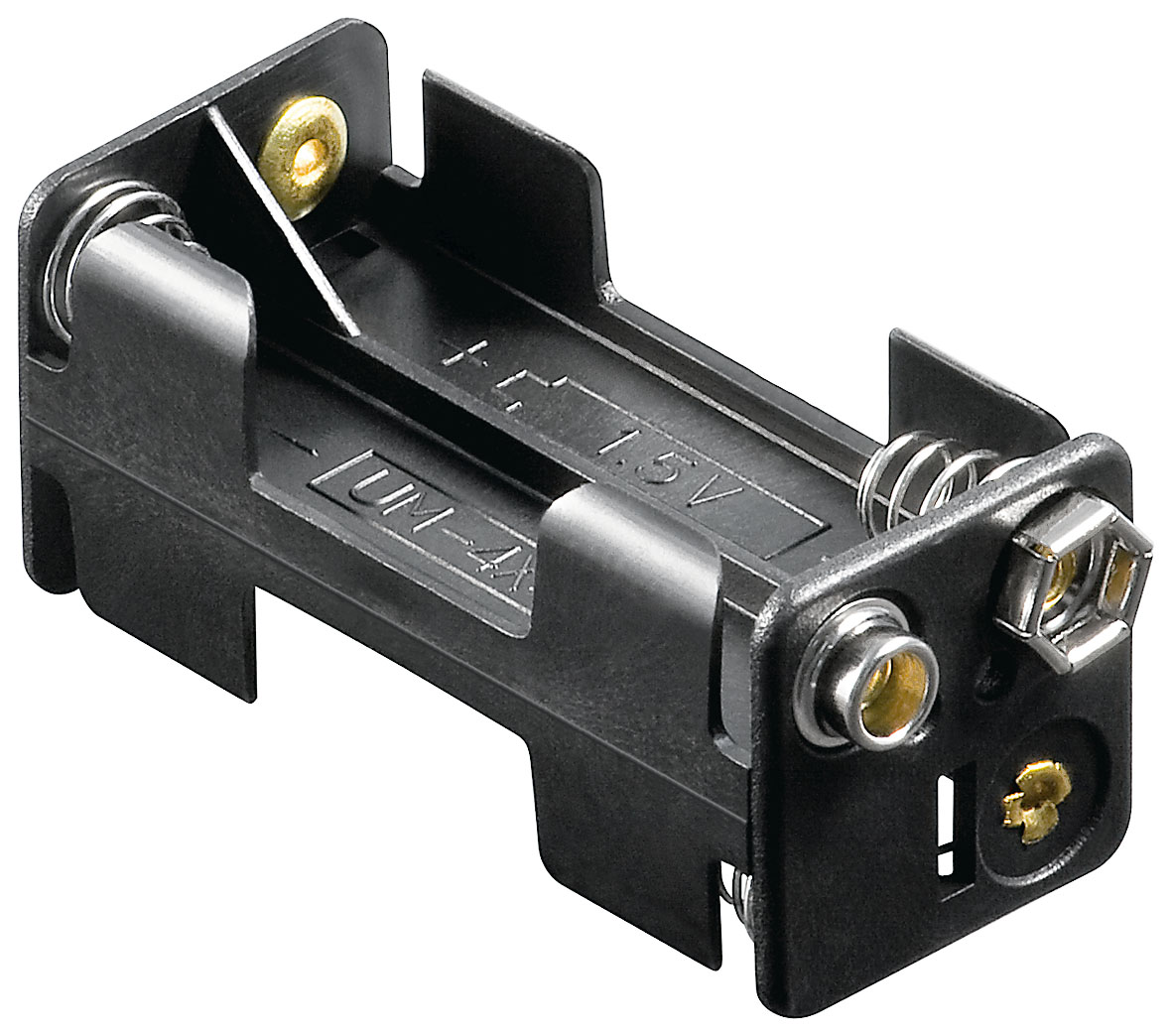 Schwarzer Batteriehalter für 2x AAA-Batterien mit Federn und Anschlüssen.