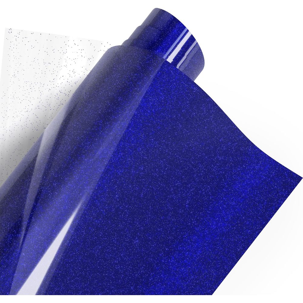 Rolle mit glitzernder, dunkelblauer Folie und transparenter Folie mit Glitzerpartikeln.