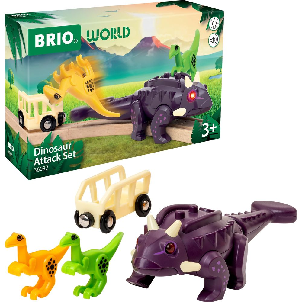 Brio World Dinosaurier-Angriffsset mit lila & grünen Dinosauriern und gelbem Wagen.